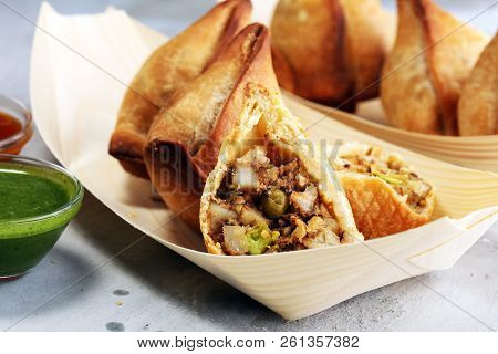 Vegetarian Samsa Or Samosas.indian Special Traditional Street Food Punjabi Samosa Or Coxinha, Croque