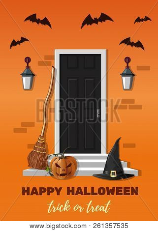 Halloween Design. Entrance Door Decorated For Halloween Party. Witch House. Vector Illustration