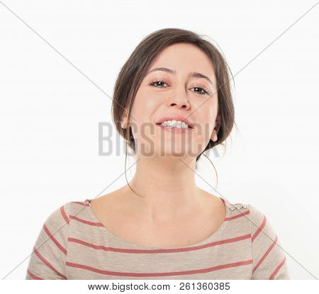 Satisfied Young Brunette, Isolated On White Wall