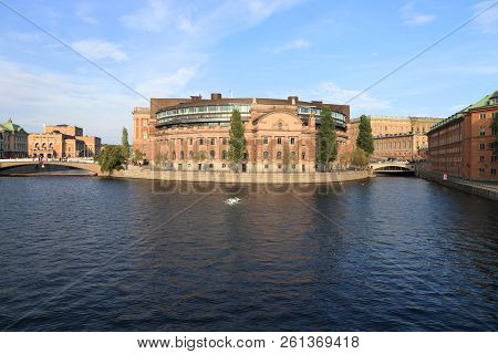 Riksdag (parliament Of Sweden) Building In Stockholm. Sunset Light.
