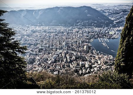 Aerial Landscape Of The Picturesque Colorful City Of Como On Lake Como, Italy. European Alps On The 