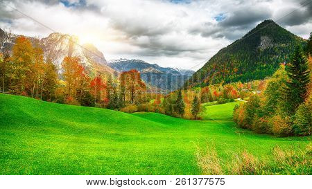 Idyllic Autumn Scene In Grundlsee Lake. Alpine Meadows At Autumn. Location: Resort Grundlsee, Liezen
