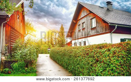 Picturesque Autumn Scene Of Altausseer Village. Sunny Morning View Of Altaussee Village. Location: R