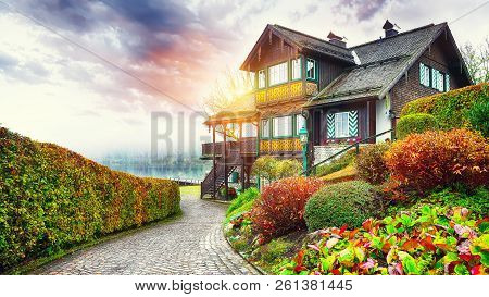 Misty Morning On Altaussee Village.misty Autumn Scene In The Morning. Location: Resort Village Altau