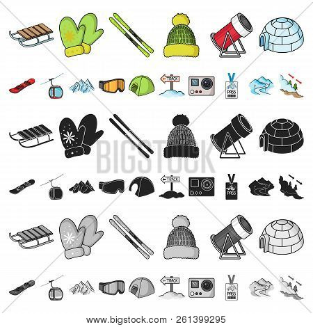 Ski Resort And Equipment Cartoon Icons In Set Collection For Design. Entertainment And Recreation Ve