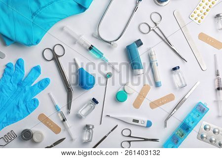 Many Different Medical Objects On Light Background, Flat Lay
