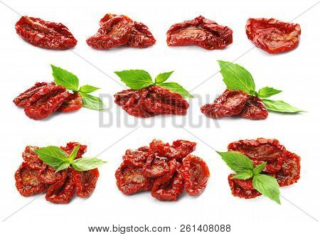 Set With Sun Dried Tomatoes And Basil On White Background