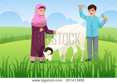 A Vector Illustration Of Muslim Couple With Their Goat