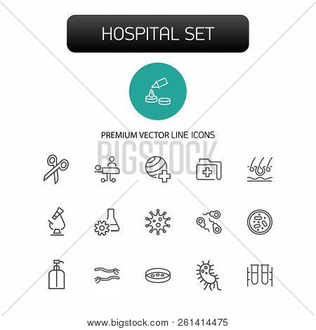 Hospital Icons. Set Of Line Icons. Surgery, Operating Room, Laboratory. Medicine Concept. Vector Ill