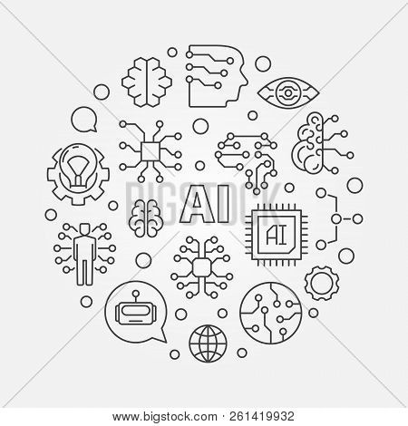 Ai Concept Round Illustration. Artificial Intelligence Vector Outline Icons In Circle Shape