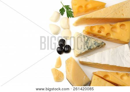 Variety Of Cheese Isolated On White Background. Different Sorts Of Cheese. Top View