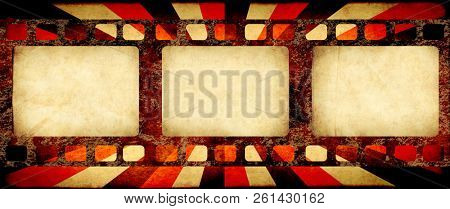 Grunge horizontal background with retro filmstrips and old paper texture with striped brust pattern