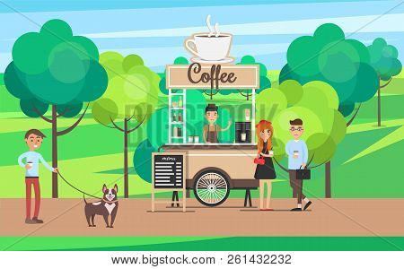 Coffee Stand In Green Park, Man Walking Dog And People Buying Tea From Shop, Seller Cups Of Hot Drin