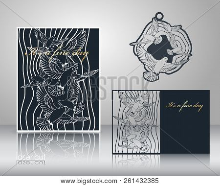 Laser Cut Pattern. Stylized Flock Of Birds In The Sky. Laser Cutting For Wedding Invitations, Covers