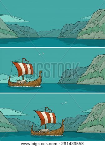 Drakkar Floating On The Fjord In Norway. Vintage Color Engraving