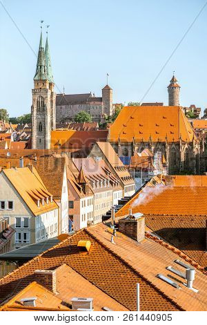 Top Cityscape View On The Old Town With Castle Hill And Cathedral In Nurnberg During The Sunrise, Ge