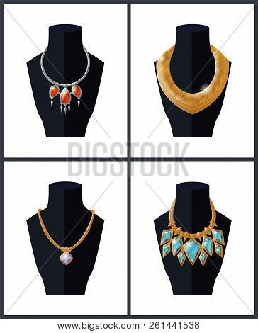 Collection Of Jewelry Necklaces Precious Stones On Black Mannequins, Expensive Accessory Items Isola