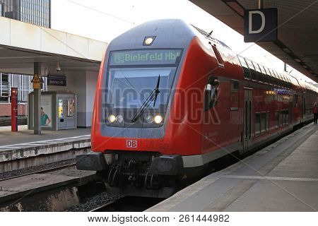 Hanover, Germany - May 06, 2011: Red Db Train For Passengers From Bielefeld At Station In Hannover, 