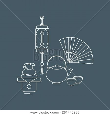 Eastern New Year Symbols. Chinese Lantern, Kettle With Two Cups, Fan, Kagami Mochi. Festive Traditio