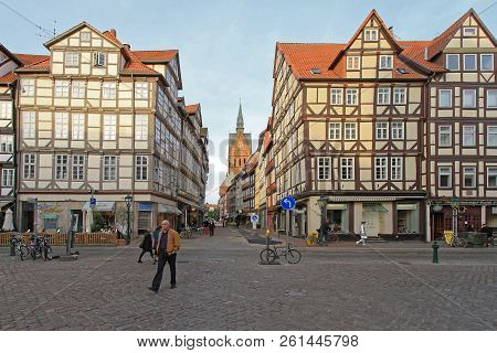 Hanover, Germany - May 05, 2011:  Few People At Holzmarkt Square Medieval Town In Hannover, Germany.