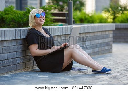 Student Girl Plus Size Passed Exams On Laptop, Entered The University, Work. Woman Gets Acquaintance