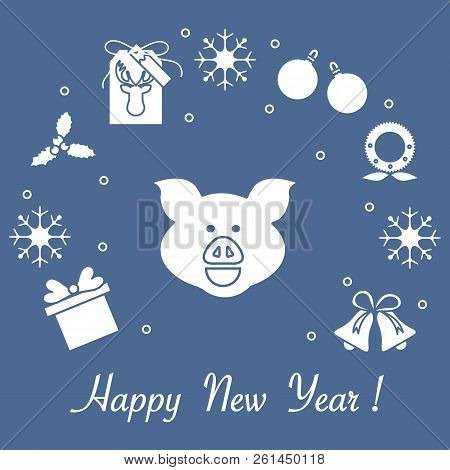 Happy New Year 2019 Card. Christmas Wreath, Pig, Gift Tag, Mistletoe, Gift Box, Balls, Bells, Snowfl