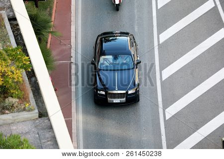 Monte-carlo, Monaco - September 30 2018 : Aerial View Of A Beautiful Black Rolls-royce (top View) Dr