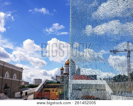 Moscow, Russia - July 2018: Half View Through Broken Glass Of Cathedral Of Christ The Saviour.