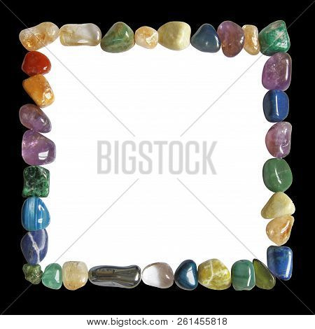 Crystal Healing Black And White Frame - Multicoloured Tumbled Crystal Healing Stones Placed In A Nea