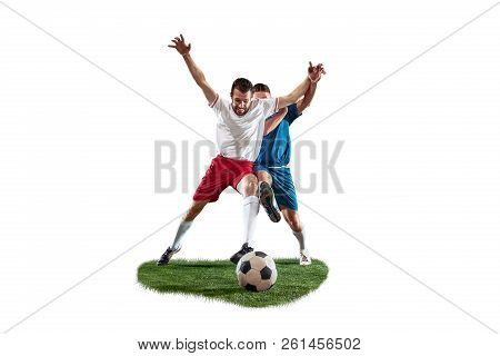 Football Players Tackling For The Ball Over White Background. Professional Football Soccer Players I