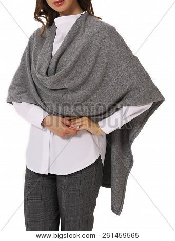 Fashion Model In Woolen Poncho Shawl Mantel Close Up Photo Isolated On White