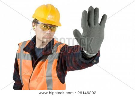 bouchons d'oreilles des lunettes et des gants de protection donnant un panneau d'arrêt avec sa main. Clipping Path inclus