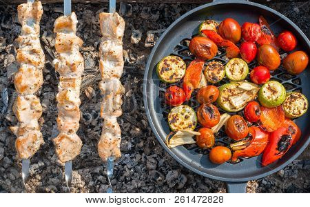 Barbeque. Cicken Meat Skewers With Tomato, Peppers, Zucchini, Celery
