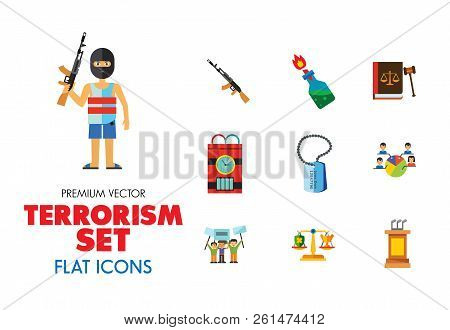 Terrorism Icon Set. Kamikaze Fire Cocktail Dynamite Army Tags Hostage Bomb With Timer Machine Gun Mi