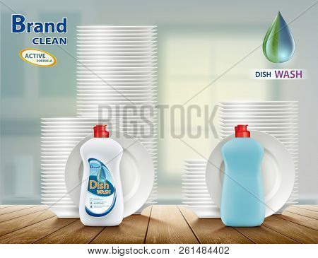 Dishwashing Liquid Soap With Plates. Comparison Of Two Detergents For Dishes. Stock Vector Illustrat