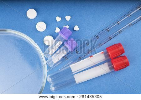 Medical Supplies, Doping, Drugs In Glass Containers And Plastic Tubes For Blood Collection For Tests