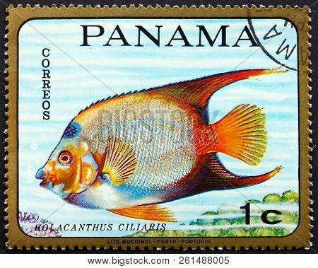Panama - Circa 1968: A Stamp Printed In Panama Shows Queen Angelfish, Holacanthus Ciliaris, Tropical