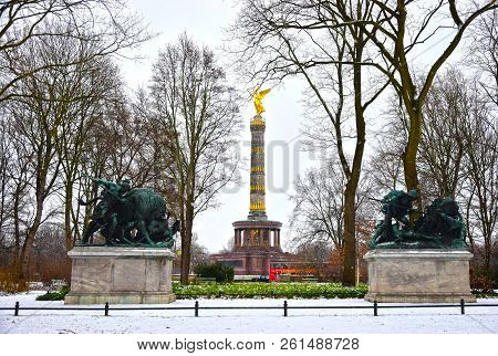 Victory Column Snowy View In Berlin Germany