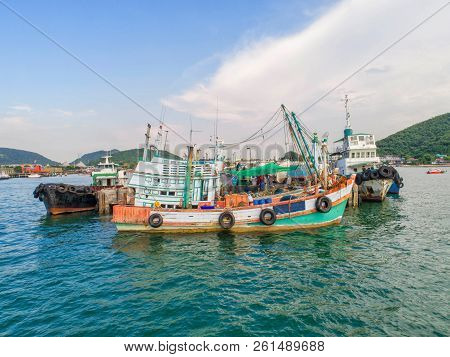 Fishing Boat In The Sea.aerial View And Top View.