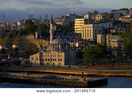 View Of The Sokollu Mehmed Pasha Mosque And Port Cranes In The European Part Of Istanbul On The Shor