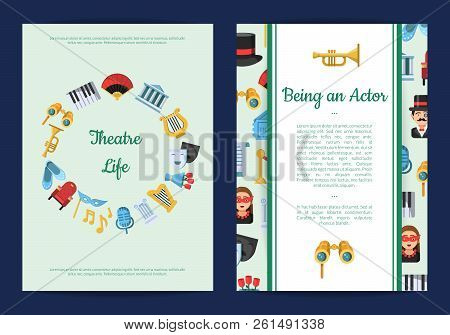 Vector Flat Banner With Theatre Icons Card Or Flyer Template Illustration