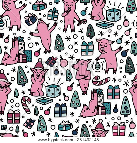Doodles Funnny Pigs Seamless Colorful Pattern. Symbol Of The 2019 New Year Holidays Background