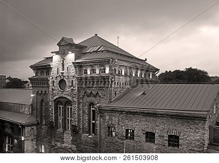 The Bottom View Of Old Industrial Building  In Rotermann Quarter District In The Evening, Estonia. B