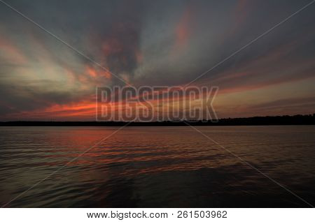 Beautiful Summer Sunset In The Lake Necko. Sunset Background