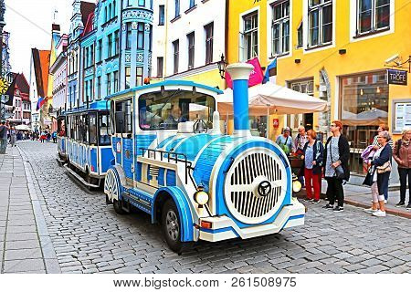 Tallinn, Estonia - August 30, 2018: Blue City Train, Tourist Sightseeing Vehicle, Is Driven Through 