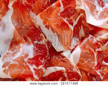 Close Up Of Traditional Iberian Ham Plate Slices Spain Culture Pork Loin