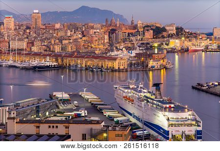Genoa, Italy October 30, 2016 - Genoa Harbor Landscape At Sunset, Italy , Europe