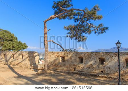 The Venetian Fortress Of Fortezza On The Hill At The Old Town Of Rethimno, Crete, Greece.