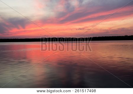 Beautiful Summer Sunset In The Lake Necko. Sunset Background