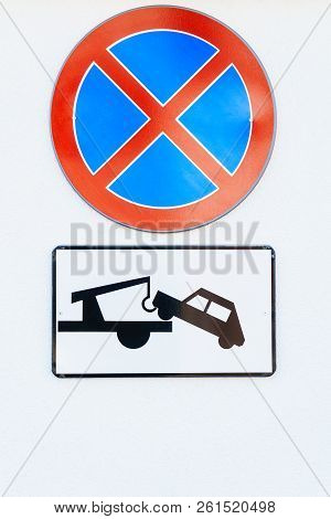No Stopping Clearway Car Tow Warning Sign On Isolated White Background. Traffic Regulations Concept